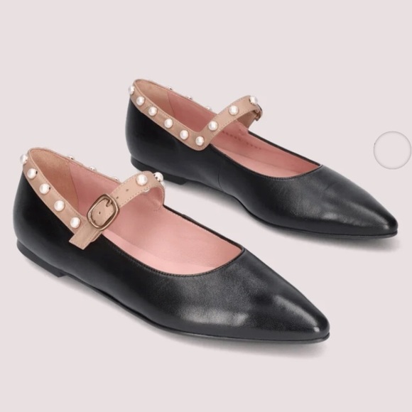 Pretty Ballerinas Pointed Toe Ballet Mary Jane Flats with Pearls Black and Nude - Picture 1 of 10